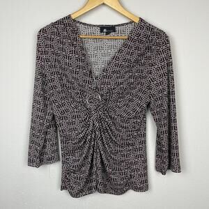 AB Studio Y2K Geometric Print Top Size L Brown‎ 3/4 Sleeve Stretch Made in USA